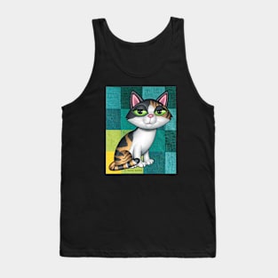 Cute Calico Cat on Greenish and yellow squares Tank Top